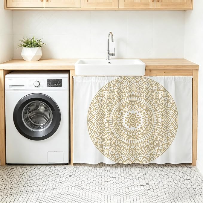 Beige Boho Sink Skirt 11"Wx13"L,Dustproof Under Sink Curtain with Self Adhesive Tape,Retro Farmhouse Ethnic Abstract Geometric Art Cabinet Curtain Cover for Bathroom Vanity,Kitchen Storage Shelf