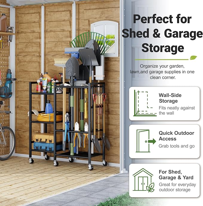 keomaisyto Garden Tool Organizer with 6 Industrial Wheels & Large Hooks | Rolling Yard Tool Storage Rack with 35 Slots, Heavy Duty Garden Tool Holder with Shelves for Garage, Shed, Outdoor Lawn