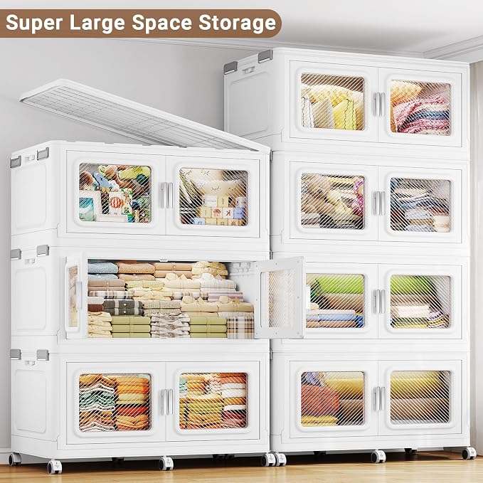 BROVIEW 880 Qt Extra Large Stackable Storage Bin with Lids, 4 Pack White | 220Gal Extra Large, Collapsible Storage Boxes with 4 Lids, Folding& Rolling Plastic Drawer, Heavy-Duty Cabinet Organization