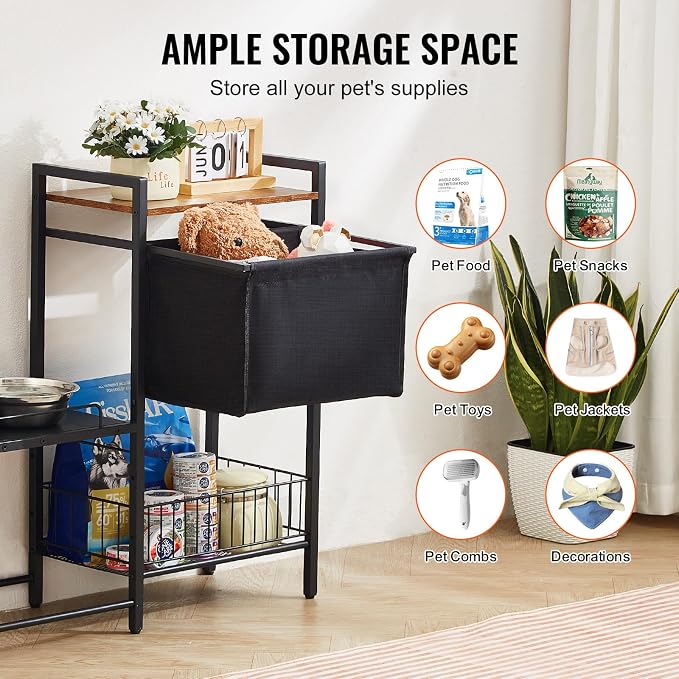 VEVOR Pet Feeding Station with Storage, 4 Height Adjustable Elevated Dog Bowl, Dog Bowls Stand with Toy Bin Basket, Raised Feeding Station Cabinet, Pet Storage Organizer for Large Medium Small Dogs