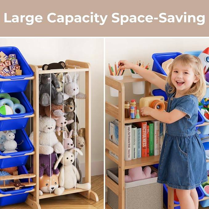 Toy Storage Organizer with Bookshelf and Stuffed Animal Storage - Kids Playroom Organization with Shelves and 12 Toy Bins - Toddler Living Room Toy Box for Lego - Nursery Bedroom Decor Essential