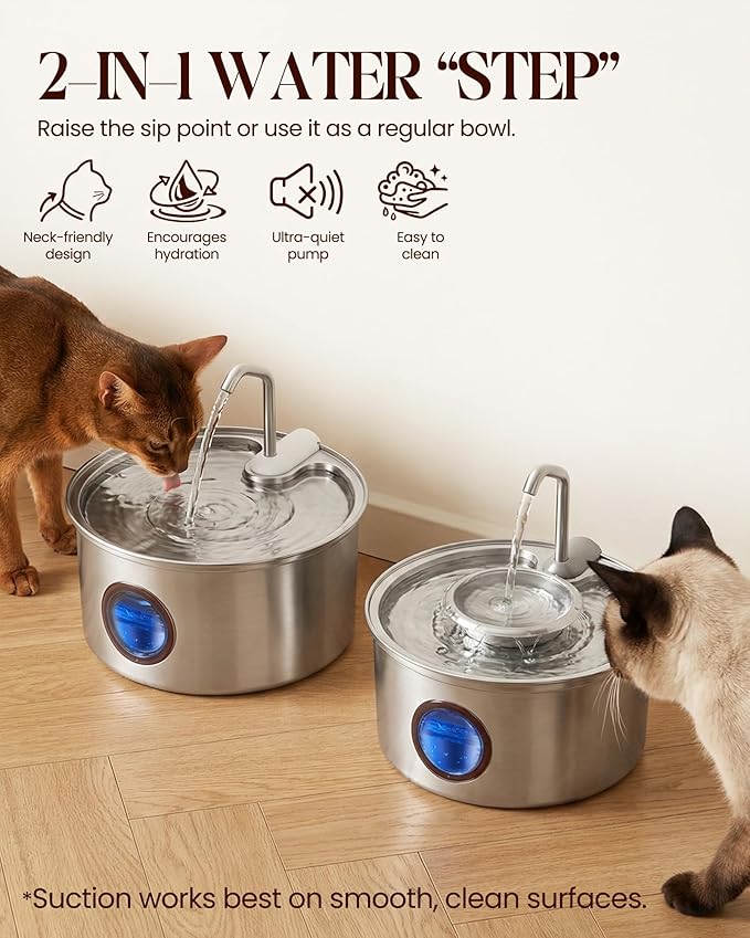 Cat Water Fountain,108oz/3.2L Stainless Steel Cat Fountain and Removable Water Bowl,Pet Fountain with Water Level Window,Quiet Pump,Multi-Filter, Water Tap, Provides Flowing,for Dog Cats