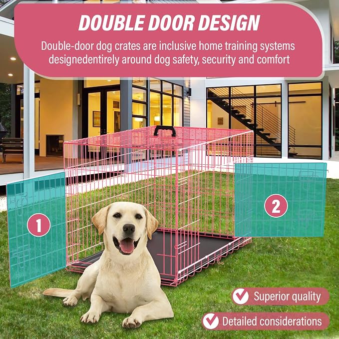Large Dog Crate Kennel Metal Dog Cage for Medium Large Dogs Double-Door Folding Travel Indoor Outdoor Puppy Playpen with Divider and Handle Plastic Tray,42",Pink