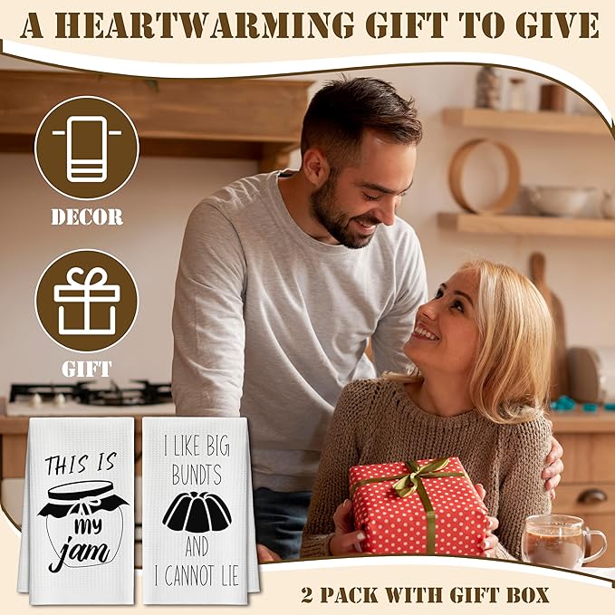 Kitchen Towels Set of 2, Jam and Bundts Dish Towel for Kitchen, Decorative Hand Towels for Bathroom, Fast Drying Tea Towel with Funny Sayings, Housewarming Xmas Gifts for Women Mom -B14