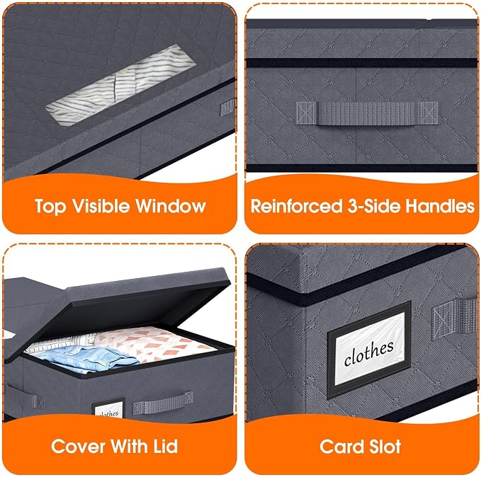 StoreHappily Under Bed Storage Containers with Lids, 2 Pack Foldable Grey | Storage organizer, Stackable Clothes Storage Bags, For Blankets Pillows Clothing, Clear Window, 3-Sided Handles, Label Slot