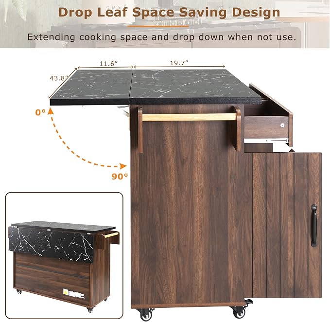 51" Kitchen Island with Trash Can - Rolling Kitchen Island on Wheels with Storage, Farmhouse Movable Kitchen Storage Islands & Carts with Drop Leaf, Marble Texture Wood Top, Walnut Brown