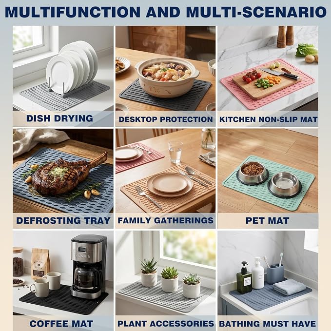 CAKETIME 2 Pack Silicone Dish Drying Mat for Kitchen Counter Place mats Cooking Accessories Drainers Rack Under Sink Protector Home Household Items Extra Large 18"x16" Beige