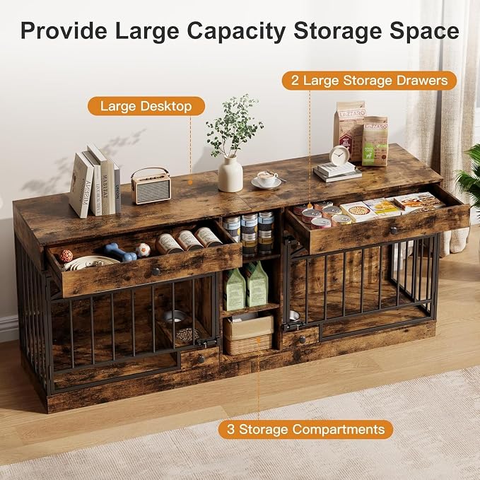 Dog Crate Furniture for 2 Dogs, Double Dog Crate TV Stand, Brown | 78.7'' Large Dog Kennel Indoor, 2 Storage Drawers, 3 Shelves and Feeding Bowls, Pet Kennel for Small and Medium Dogs