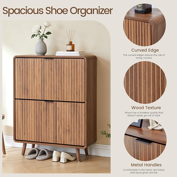 FurSch Fluted Shoe Storage Cabinet with 2 Flip Drawers | Narrow Shoe Rack Cabinet Organizer, Adjustable & Removable Shelves, for Entryway