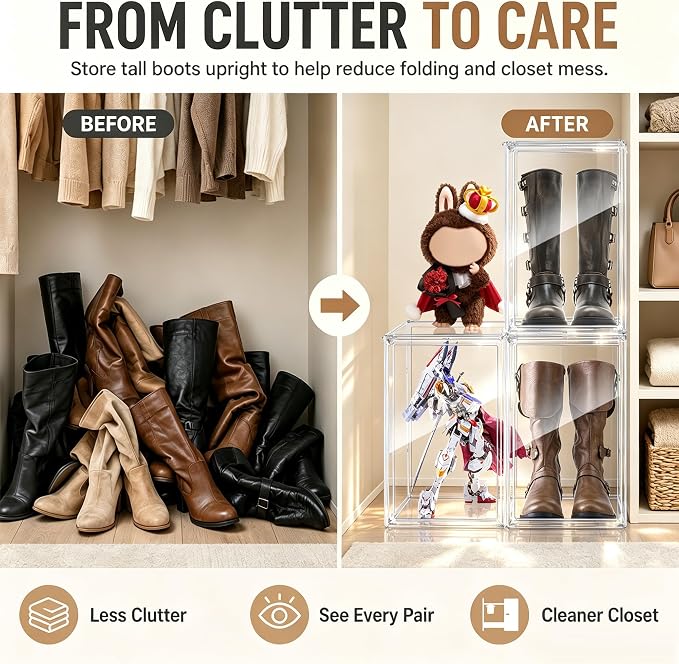 23.6'' Tall Boot & Shoe Boxes, Clear Dustproof Acrylic Display Case | 13.8'' x 12.2'' x 23.6'' tall display case for boots, upright handbags, dolls, figures and display storage,1 Pack