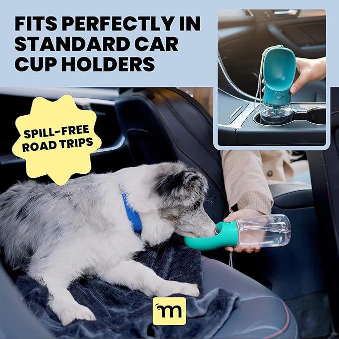 MalsiPree Dog Water Bottle Dispenser - 12 oz Blue - Leak-Proof Lock & One-Hand Operation - Dog Water Bowl Dispenser - Pet Travel Bottle with Built-in Bowl