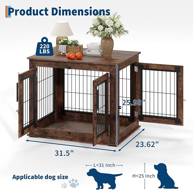 Farmhouse Dog Crate Furniture End Table - Heavy Duty Wooden Kennel Cabinet with Double Doors for Small/Medium Dogs, Rustic Brown Indoor Dog House Furniture Console for Living Room