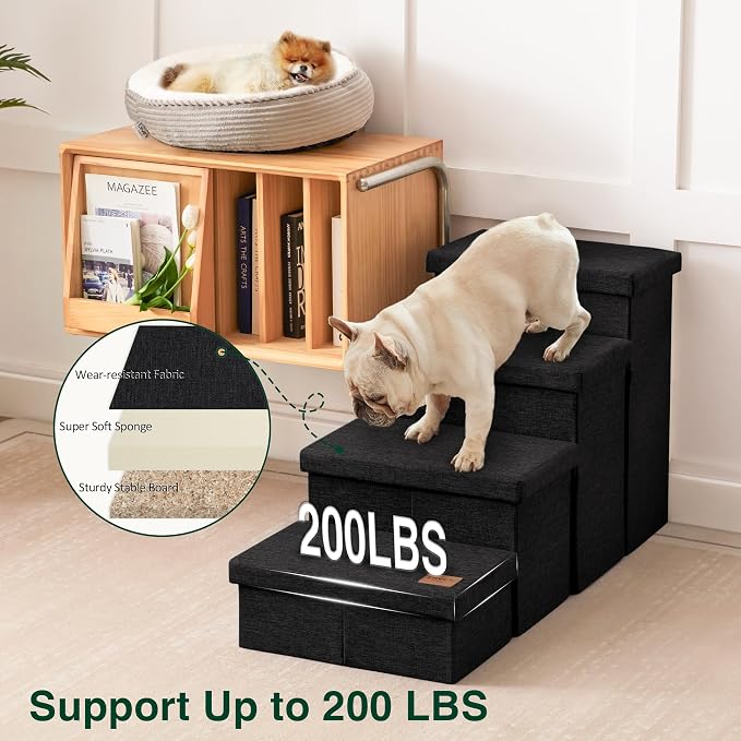 Love's cabin Dog Stairs for High Bed, Foldable Pet Stairs for Small Medium or Large Dogs Puppy with Storage for Bed or Couch, Cat Dog Steps Ramp with Zip up to 200 lbs, Black, 4 Steps