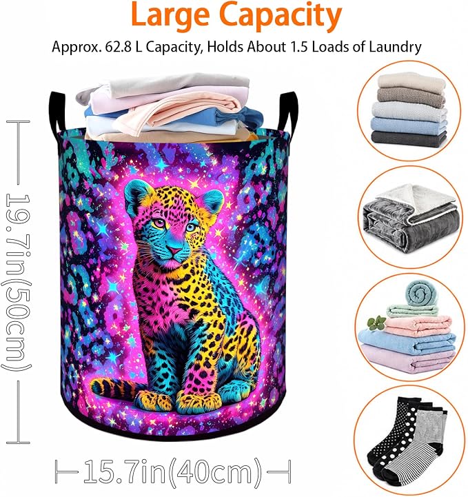 Neon Leopard Laundry Basket, Vibrant Colorful Wild Cat Oxford Cloth Dirty Clothes Collapsible Hamper for Room Decor, Jungle Gifts, Toy Organizer 19.7 x 15.7 Inches for Bedroom Bathroom Dorm