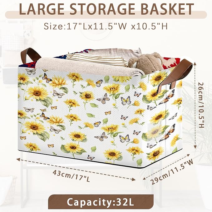 Foldable Collapsible Storage Bin with Sunflower & Butterfly Design - 17x11.5x10.5 Inch Organizer Basket for Home Decor, Closet, Seasonal Storage - Single Pack No Lid Space-Saving