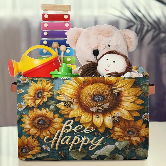 Bee Sunflowers Storage Baskets with Handles Fabric Storage Boxes Collapsible Nursery Basket for Shelf Book Cloth 15 X 11 X 9.5 IN Closet Organizer Bins