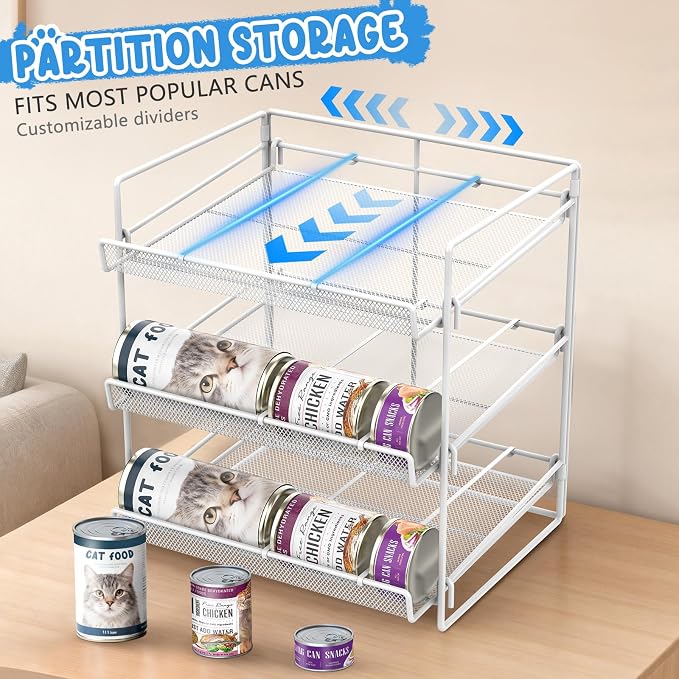 Cat Food Can Organizer 3-Tier Can Organizer for Pantry 84 Cans 3.5oz | White metal 3-tier cat food can organizer,Holds 84 cans 3.5oz,Adjustable pantry countertop storage for kitchen cabinet