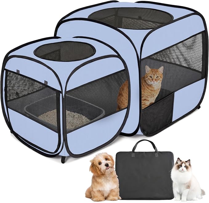 2-in-1 Portable Cat Playpen(End Doors), Pop up Kitten Playpen, Assembly-Free, Pet Tent Crates Kennel Cage Enclosure for Dog Puppy Indoor Outdoor(No Divider, Unified Space)