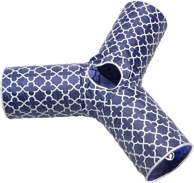 Cat Tunnel - Collapsible 3 Way Quatrefoil Play Toy - Tube Fun for Rabbits, Kittens, and Dogs - Quatrefoil Navy/White