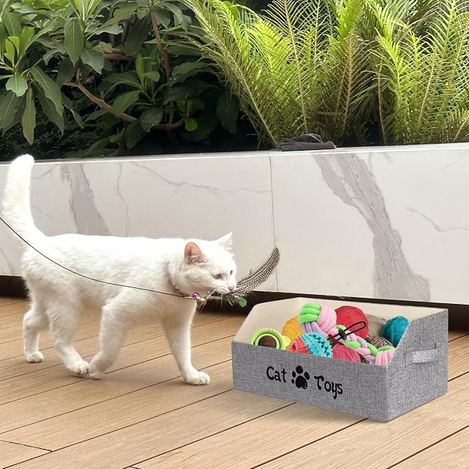 19.7 in Cat Toy Bin, Cat Toy Storage Box Kitten Toy Basket Collapsible Pet Supplies Storage Chest Holder Organizer with Handles for Organizing Dogs Cats Toys Clothes Accessories, Gray