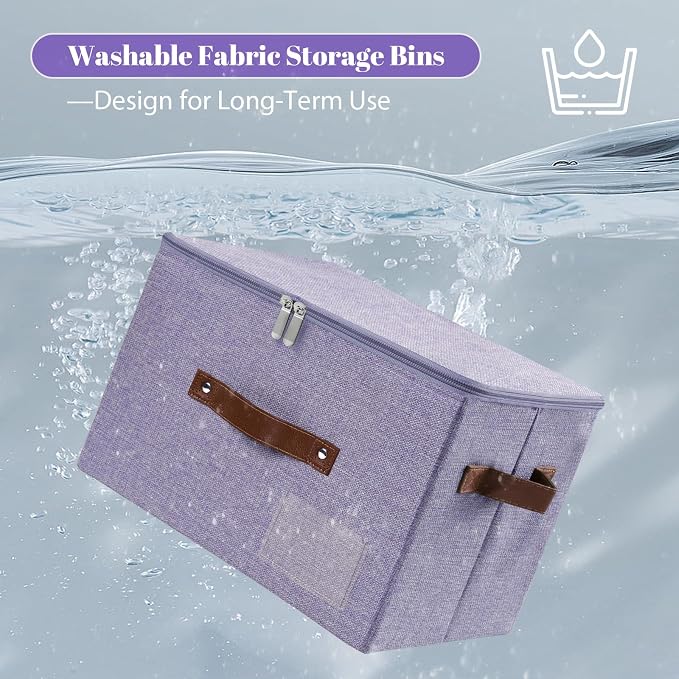 ANMINY Small Storage Box Fabric Bins with Zipper Lid, 10"x8"x7" Purple | Keepsake Box, Decorative, Cotton Linen, Reinforced PP Board Frame, Washable, Stackable & Foldable, Label Holder & PU Handles