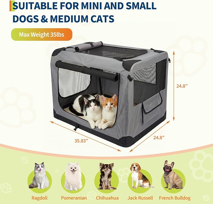 36 Inch Soft Dog Crate Collapsible 3-Door Travel Kennel for Large Dogs, Portable Pet Cage, Fleece Bed, Storage Pocket & Safety Zippers, Indoor Outdoor Car Use Dog Crate
