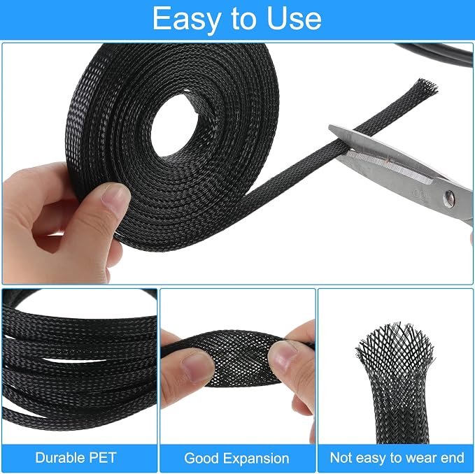 Tatuo 65.6ft Braided Cable Sleeve Expandable Wire Sheathing(Black) | with 120 Heat Shrink Tubing 1/4 in 2/5 in 1/2 in 3/4 in Wire Sleeve Cord Management for Television Audio Computer Video Pets