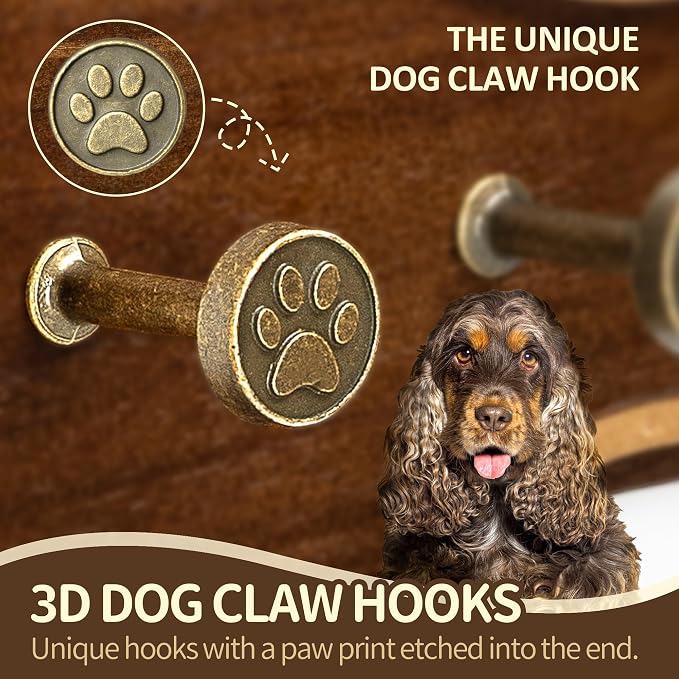 MTERSN Acacia Wood Dog Leash Holder for Wall – Farmhouse Dog Stuff Organizer and Dogs Bone Key Holder Wall Mount with 3D Paw Hooks - Cute Pet Organizer for Leashes, Keys & Home Decor(Dark Acacia) | Dog Bone Key Holder Wall Mount, Five Key Hooks, Farmho...