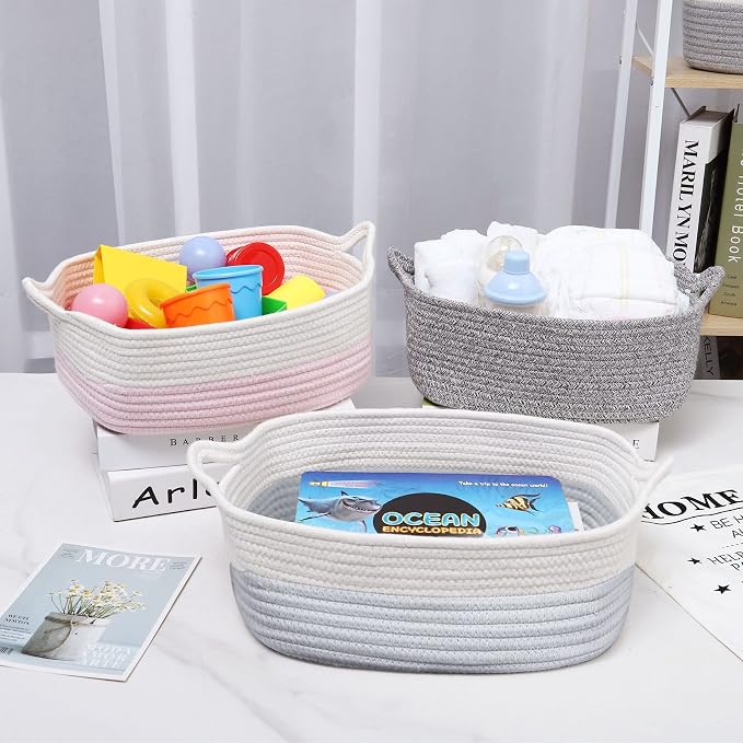 ABenkle Small Storage Basket with Handles, Cotton Rope Woven Dog Cat Toy Bin, Decorative Shelves Closet Organizing for Nursery Laundry Bedroom Bathroom, 14.2''x 11''x 5.1''