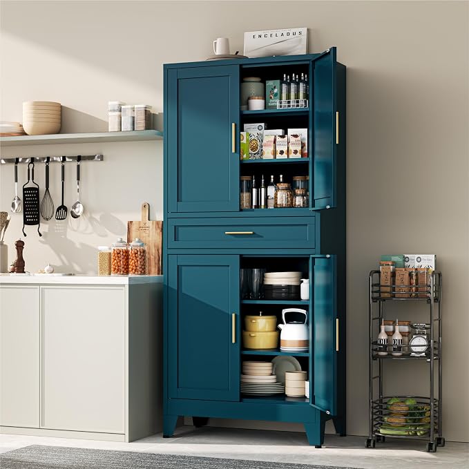 YAUWOH 71''Tall Kitchen Pantry Cabinet with Drawer,6-Tiers Metal Pantry Storage Cabinet with 4 Adjustable Shelves and 4 Barn Doors, Freestanding Farmhouse Food Cupboard for Dining Room (1PC,Blue)