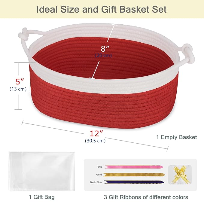 Small Empty Gift Basket with Bag & Ribbons, White & Red | 12“x8”x5”, Cotton Rope Woven Basket for Birthdays, Baby Showers, Mother's Day, Christmas; Stores Small Items, Kids & Pet Toys