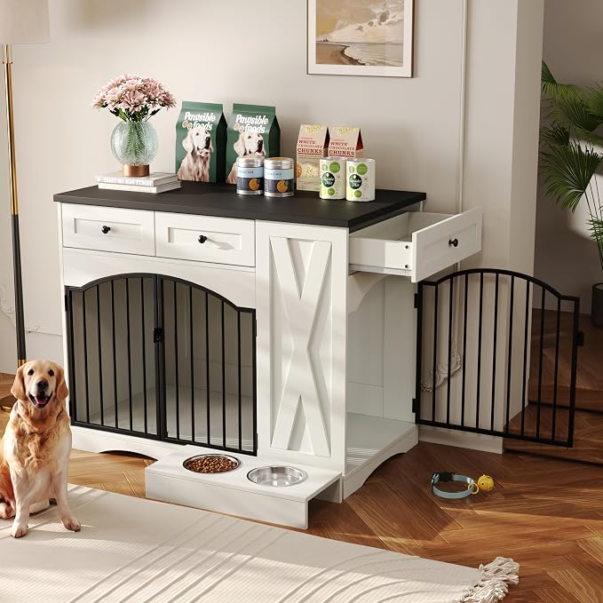 43.3" Farmhouse Dog Crate, Furniture Style Dog Cage with 3 Drawers, Removable Feeder and 2 Bowls, Wooden Heavy Duty Dogs Crates End Table for Medium Large Dogs, White+Black