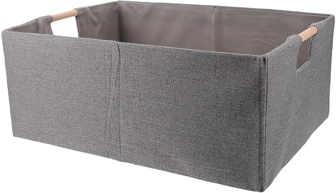 Foldable Fabric Storage Basket for Clothes, Rectangular Cloth Organizer with Wood Handles, Sturdy and Portable Clothing Storage Holder for Bedroom and Underbed Use,