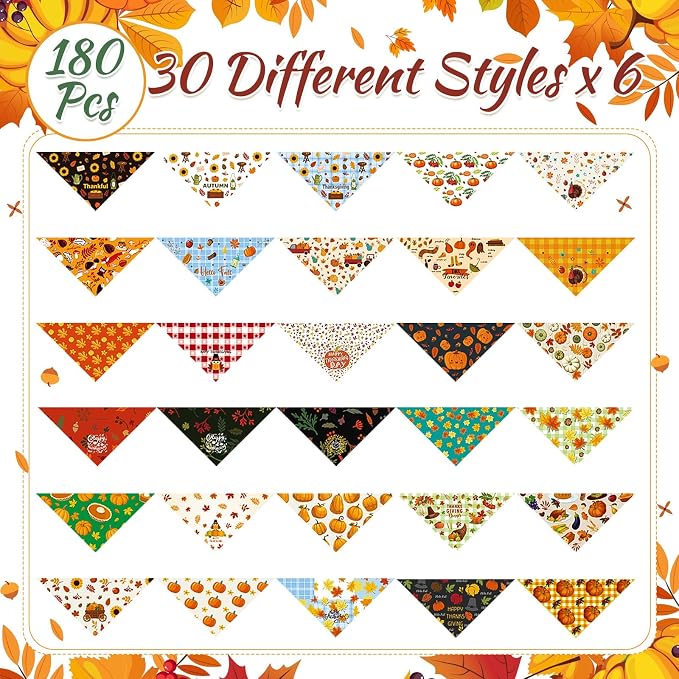 Sanwuta Fall Dog Bandanas Bulk Thanksgiving Scarfs Washable Adjustable Pumpkin Maple Leaves Pet Bibs Triangle Holiday Costume Accessories for Small Medium Large Pets Grooming Supplies(180 Pcs)