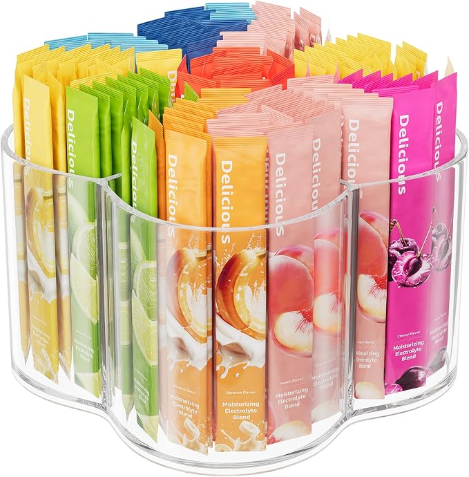 Drink Packet Organizer for Powdered Drink Mix, Divided Rotating Lazy Susan | Lazy Susan Turntable Organizer for Powder Packet, Clear Turntable Organizer Tray for Water Flavor Packets, Powder Mixes