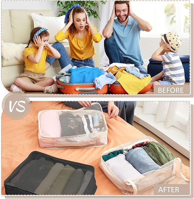 Silkfly 8 Pcs XL Packing Cube for Travel Luggage,Simple,Black Beige | 17.7 x 13 x 4.7, Same Size, Black and Beige Suitcase Storage Organizer Set, Reusable Mesh Clothes Cube for Hiking Camp Family