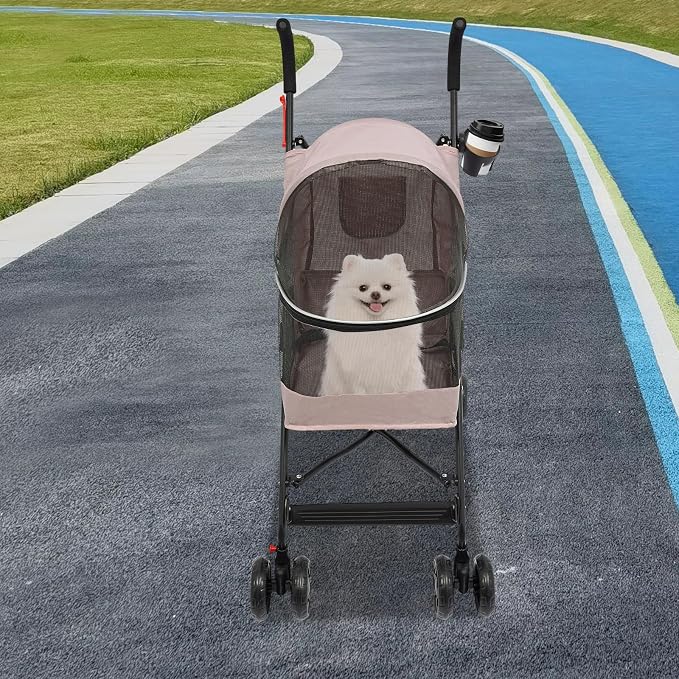 2 Wheels Pet Stroller, Foldable Pet Strolling Cart with Storage Basket and Cup Holder, Puppy Kitty Stroller with Weather Cover, Travel Gear for Medium Small Dogs and Cats Under 22lbs (Pink)