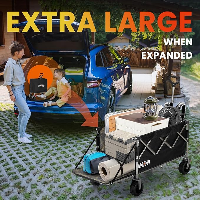 Overmont Folding Wagon with Tailgate, 300 lb Heavy Duty Collapsible Wagon Cart | Extends to 49.2 in for Tents and Canopies, Folds to 1/4 Size, Rolls on All-Terrain Swivel Wheels with Dual Brakes