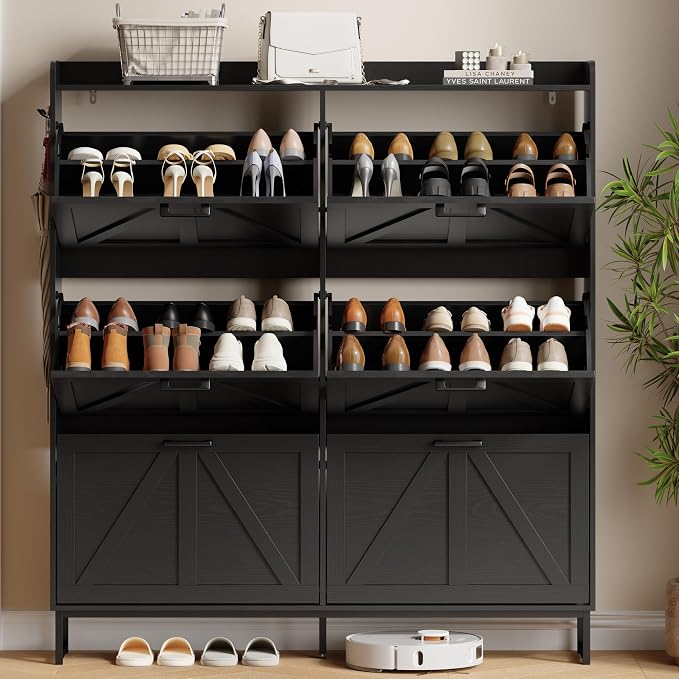 Xixini Shoe Storage Cabinet with 6 Flip Drawers, Entryway Shoe Rack, Black | Freestanding Narrow Shoe Storage, Hidden Slim Wood Shoe Organizer, Modern Farmhouse, Open Storage & Hooks for Closet, Hallway