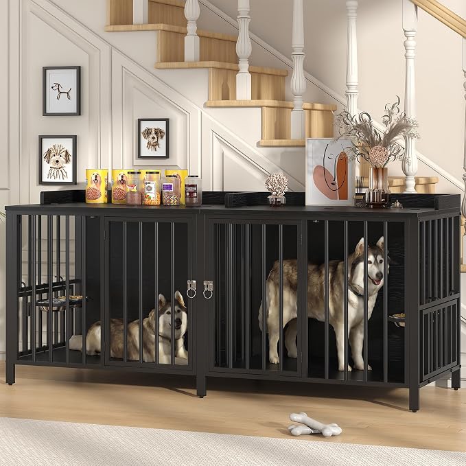 BOINN 78 Inch Dog Crate, Large Dog Crate for 2 Dogs, Dog Kennel Indoor for Large/Medium Dogs with Top Access Door, XL Wooden Dog Cage with 360 Degree Rotatable Stainless Bowls, Heavy Duty Steel Frame