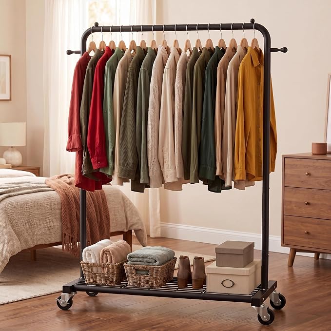 Sywhitta Metal Clothing Rack on Wheels with Mesh Shelf, for Clothes,Black | Rolling Garment Rack for Hanging Clothes, Coats, Skirts, 39.76" L x 16" W x 63.78" H,Space-Saving Mobile Organizer for Closet
