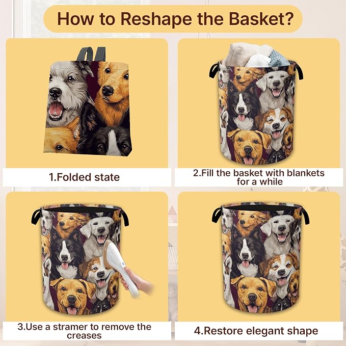 Cute Dog Collapsible Laundry Basket,Pet Faces Waterproof Oxford Cloth Hamper with Handles,Portable Storage Organizer for Laundry Room Bedroom
