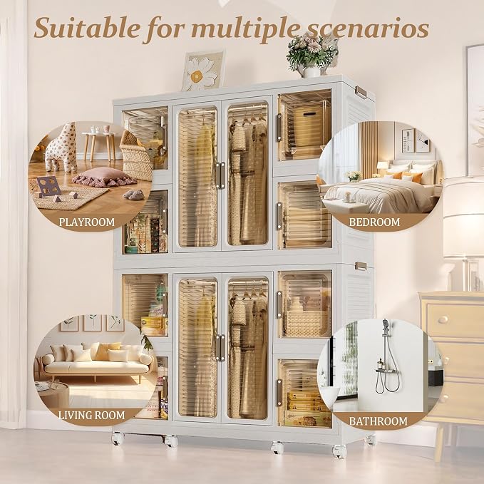 Portable Wardrobe Closet Organizer, Large Kids Wardrobe Closet with Magnetic Doors and Wheels, Collapsible Plastic Baby Clothes Storage Cabinet, 8 Cubes and 2 Wardrobes (18.1"D x 40.1"W x 60.2"H)