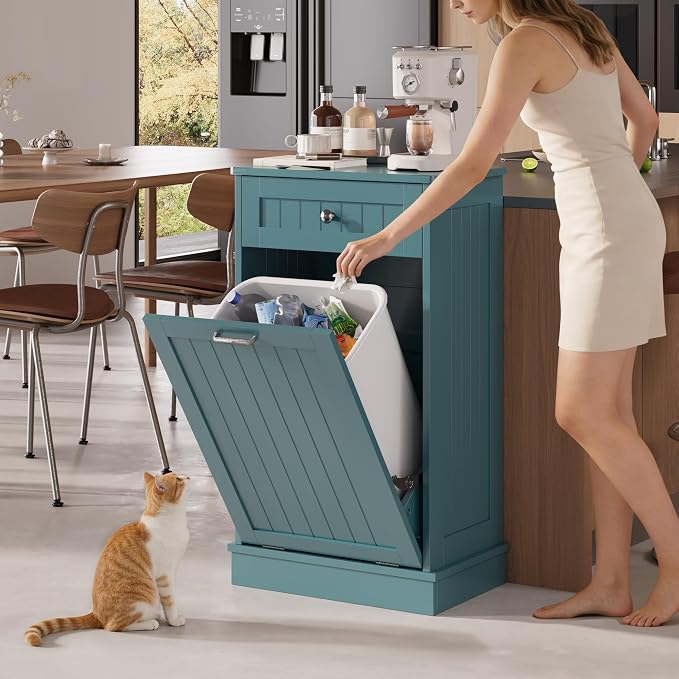 KIGOTY Tilt Out Trash Can Cabinet, Laundry Hamper Cabinet, Teal Blue