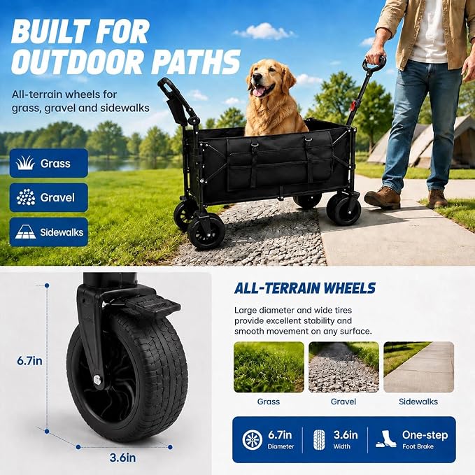 Foldable Dog Wagon for Medium & Large Dogs with Drop-Down Tailgate | 205L Heavy Duty Dog Cart, All-Terrain Collapsible Wagon for Beach, Shopping & Camping, for 1 Large or 2 Medium Puppies