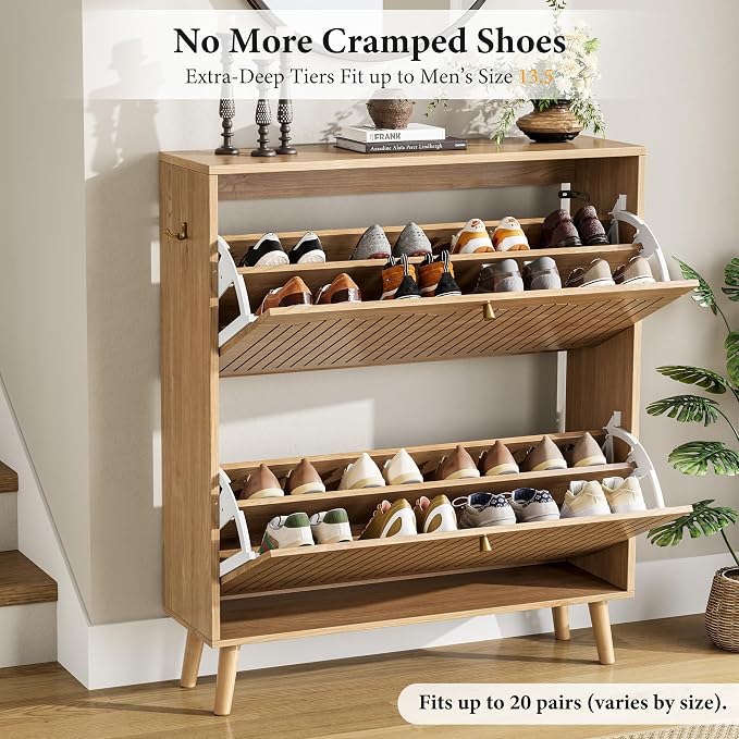 Arch-Chic Shoe Cabinet for Entryway, Modern Mid-Century Shoe Storage Cabinet with Fluted, Narrow Shoe Rack for Entryway with Adjustable Shelves & Tipping Protection,Light Oak