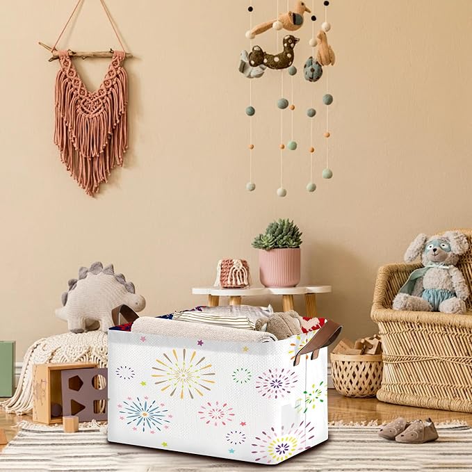Colorful Fireworks Pattern Collapsible Storage Box - 17x11.5x10.5 Inch Foldable Organizer for Seasonal Decorations, Event Decor, Home Storage - Single Pack