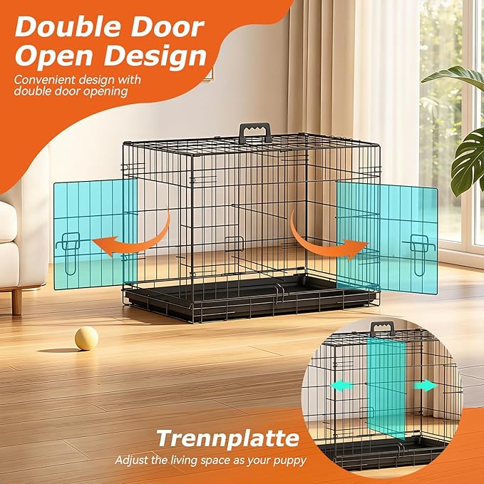 FDW | 24" Foldable Metal Dog Crate | Black | Cage for Small Dogs | Heavy Duty, Portable Wire Kennel with Double Door, Divider & Leak-Proof Tray | For Training, Home, Travel Indoor/Outdoor Use