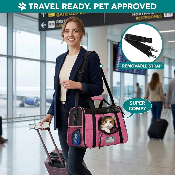 PetAmi Airline Approved Pet Carrier for Cats Small Dogs, Large Heather Pink | Soft Sided TSA Travel Bag, Sherpa Bed, Breathable Mesh Ventilation, Collapsible Bowl, Fits Under Seat, Up to 18 lbs