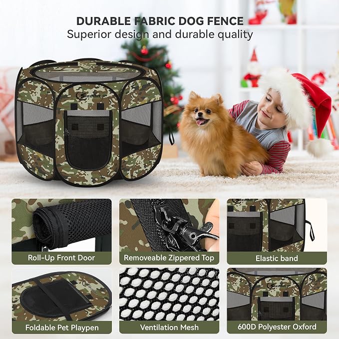 Siedihit Dog Cat Playpen, Medium Puppy Pet Playpen, Dog Crate Tent Cage | Indoor/Outdoor, Portable Pop Up Dogs Kennel Playpen with Carrying Case for Dogs/Cats/Rabbits(Green Camo, Medium)